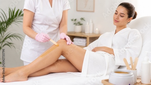 Professional waxing procedure with beautician applying warm wax for smooth leg skincare treatment