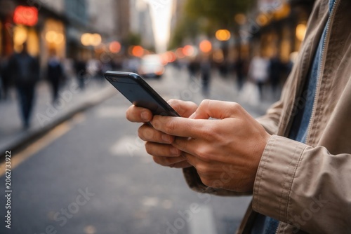 Person using smartphone on busy city street with mobile communication and urban lifestyle concept