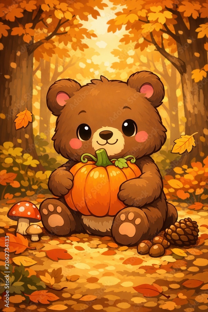 Fototapeta premium Cute cartoon bear holding pumpkin in autumn forest with colorful leaves and cozy seasonal charm