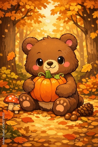 Cute cartoon bear holding pumpkin in autumn forest with colorful leaves and cozy seasonal charm