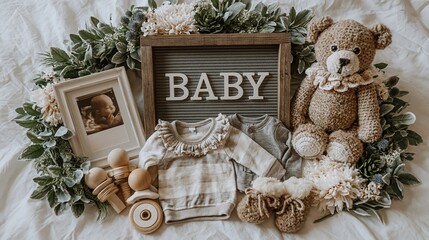 Soft Newborn Baby Announcement Flat Lay with Ultrasound Photo, Teddy Bear, and Baby Clothes