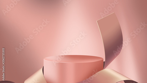 Minimalist pink cylinder podium on pastel pink background with soft paper curves for product display.