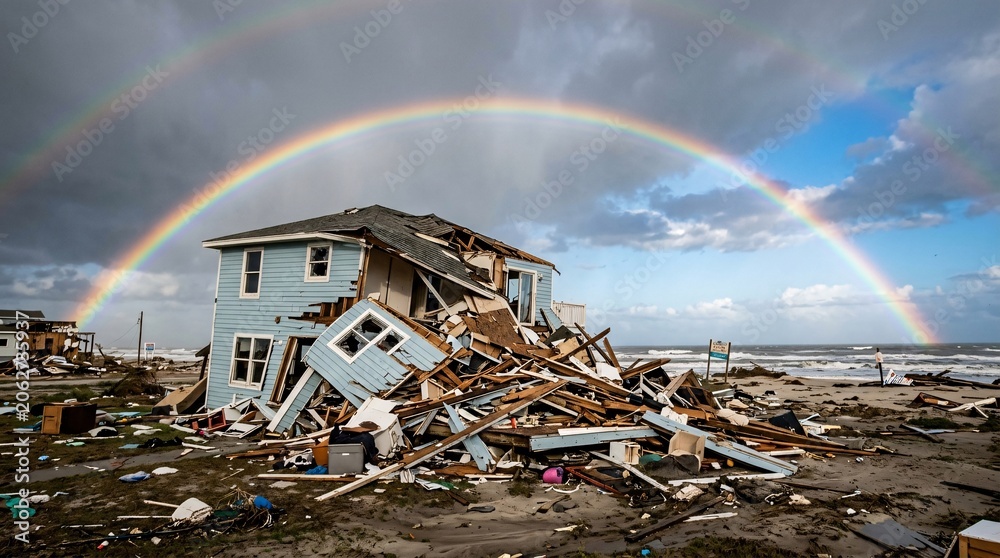 Naklejka premium Devastated light blue two-story wooden coastal home sits completely destroyed amidst chaotic rubble contrasted by a bright double rainbow.