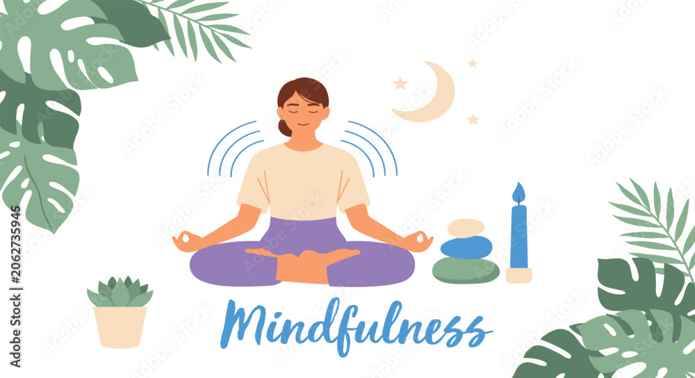 Obraz premium Woman meditating in lotus position surrounded by plants and mindfulness symbols on purple background