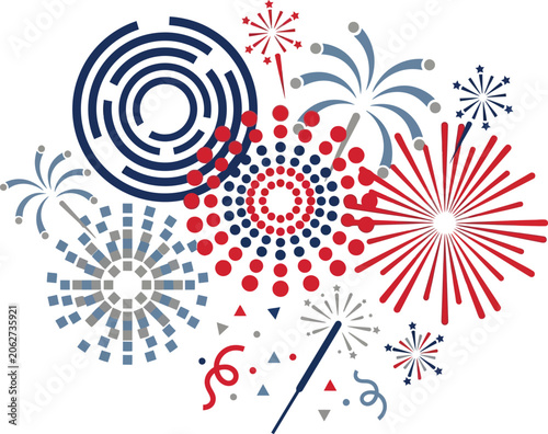 Fireworks and sparkles arranged in a circular composition celebrate a national holiday with vibrant patriotic colors.