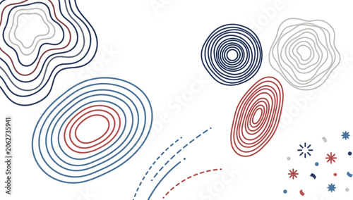 Topographic rings appear in red and blue shades to create a minimalist modern abstract pattern.