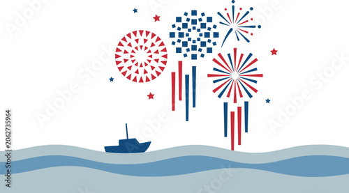 Motorboat floats on wavy water as decorative red and blue fireworks burst in the clear sky above.