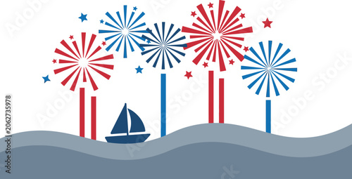 Sailboat cruises through calm harbor waters while a festive fireworks display illuminates the evening sky.