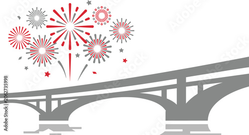 Bridge silhouette stands under a festive display of stylized red and grey fireworks against a clean white background.