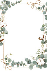 Eucalyptus leaves and cotton flowers form a decorative border with bows on a white background illustration.