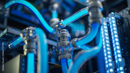 Modern liquid cooling system with blue coolant circulating through transparent tubes in a high-performance computer for efficient thermal management.