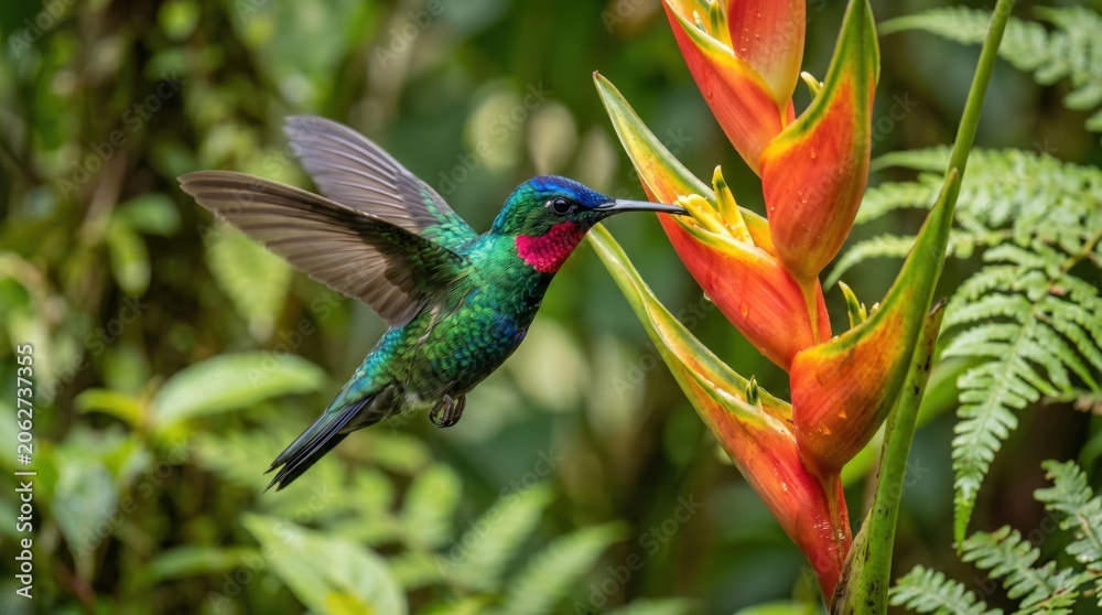 Obraz premium Hummingbird hovering to drink nectar from a bright orange heliconia flower. Small bird in flight near tropical plant in rainforest. Nature wildlife observation and exotic environment.