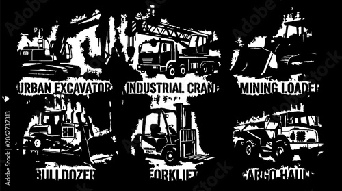 Set of heavy construction and industrial machinery silhouettes.