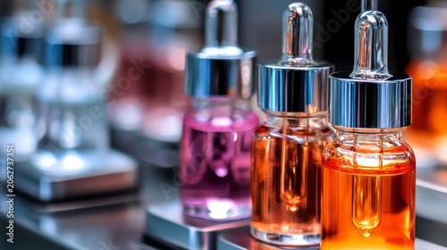 Vibrant Cosmetic Serums in Glass Droppers on a Modern Beauty Product Display