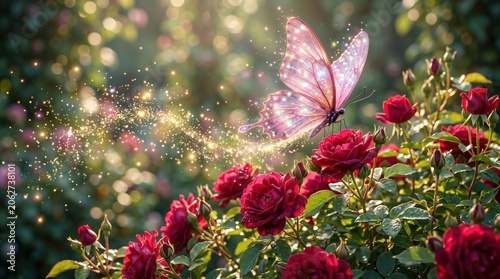 Pink magical butterfly flying over blooming red rose garden. Fantasy insect with glowing sparkle dust in summer park. Enchanted nature scene with dreamy light and floral background.