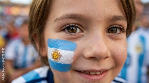 Child with argentina flag painted on face smiling