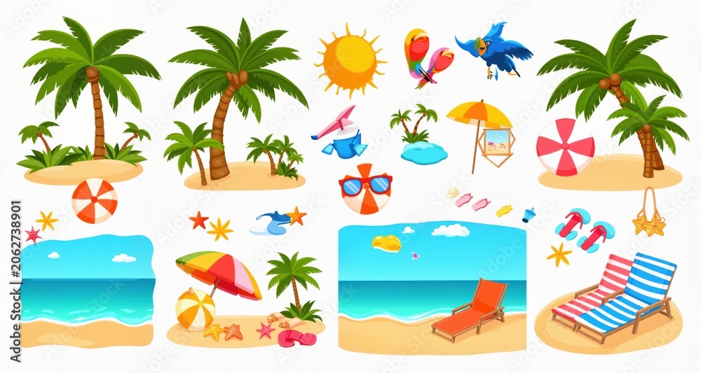 Obraz premium Summer tropical beach elements collection. Flat vector cartoon design 