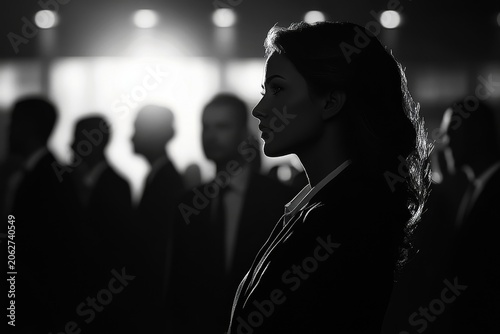 Silhouettes of business people standing in front of a crowd, vector illustration with copy space on a dark background, Generative AI