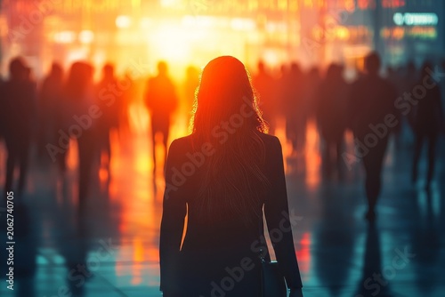 Silhouettes of business people standing in front of a crowd, vector illustration with copy space on a dark background, Generative AI