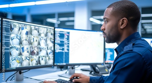 African american security guard monitoring surveillance cameras on computer screen. Professional worker watching CCTV security feed in control room. Safety and digital technology concept.