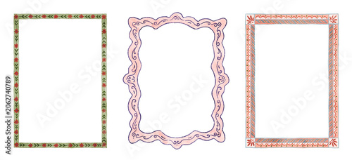 Whimsical Folk Watercolor Decorative Frames in Cottagecore Style. Perfect for invitations, greeting cards, branding, scrapbooking, posters, and vintage-inspired designs.