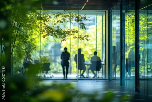 people in an office meeting, with a blurry background, glass walls, natural light, and green and blue tones, Generative AI