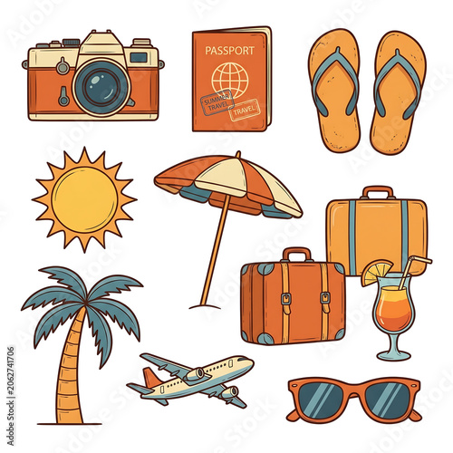 Flat illustration of travel-themed icons including a camera, passport, suitcase, flip-flops, and tropical drink.