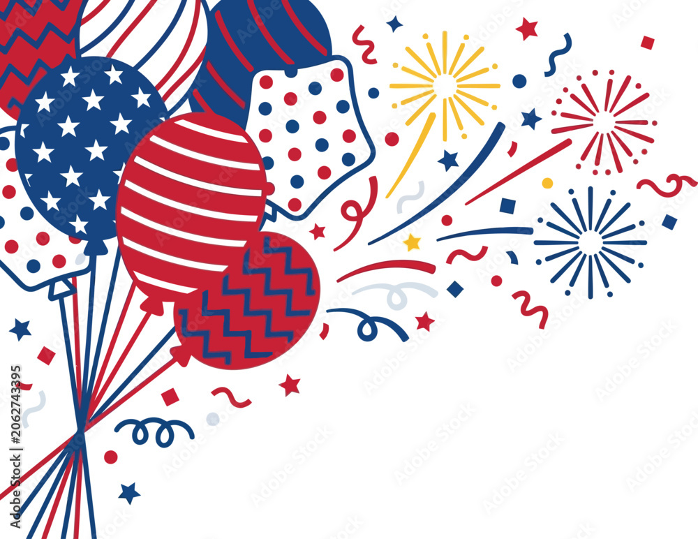 Obraz premium Balloons featuring star and stripe patterns float alongside stylized firework bursts against a clean white background.