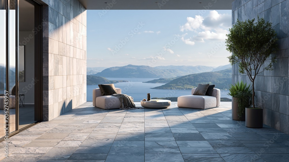 Fototapeta premium Modern Terrace with Seating Area Overlooking Serene Lake and Mountain Landscape