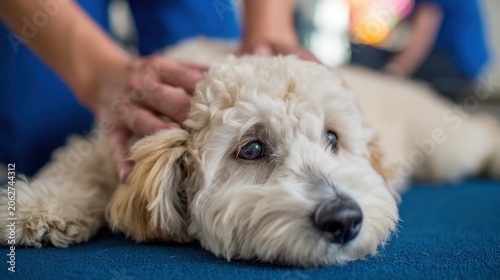 Fluffy cream-colored dog lying down on a blue table while receiving a gentle head massage or veterinary checkup from a person