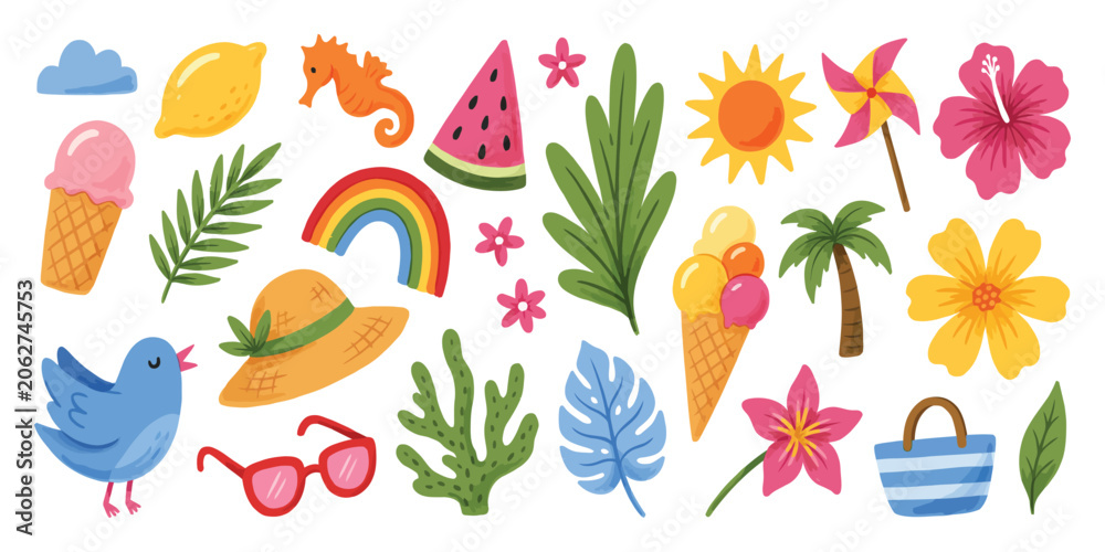 Obraz premium Beach Summer Icons with Sea Elements, Vacation Stickers, Pastel Crayon Doodles, Sun, Watermelon and Pinwheel Illustrations