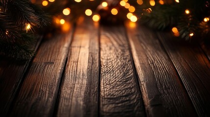 Rustic Dark Wooden Table Background with Warm Christmas Fairy Lights bokeh, Holiday Festive Setting