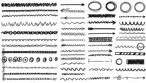 Set of hand drawn sketch divider lines, arrows, and geometric borders, rough ink stroke texture elements for page decoration