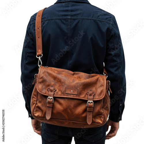 Man Wearing Leather Messenger Bag Isolated