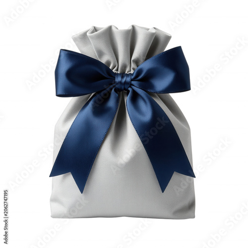 White Gift Bag with Navy Blue Satin Bow Isolated