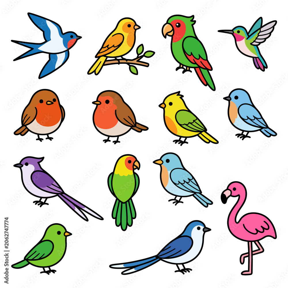 Obraz premium A collection of colorful cartoon birds on a white background