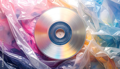 Shiny silver metallic circular disc resting on rumpled iridescent plastic background with soft reflections and vibrant light refractions