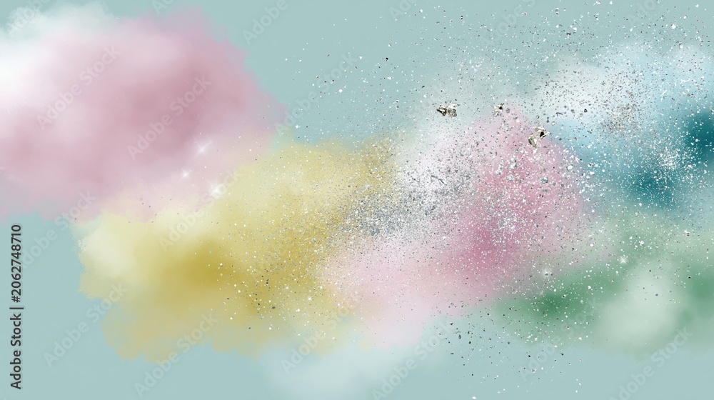 Fototapeta premium Abstract explosion of pastel colored powder and glitter particles against a muted teal background