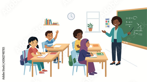 Teacher teaching classroom learning with diverse students, minimalist 2d flat illustration style, back to school