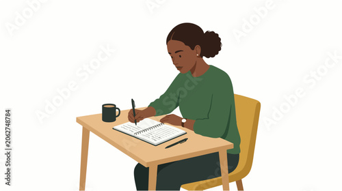 Black student focusing on writing assignment, minimalist 2d flat illustration style, back to school