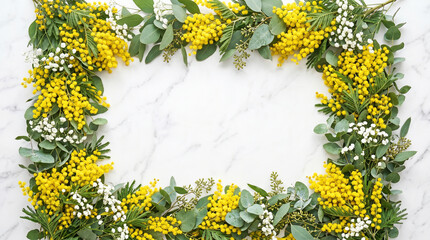 Yellow mimosa flowers and eucalyptus frame on white marble background