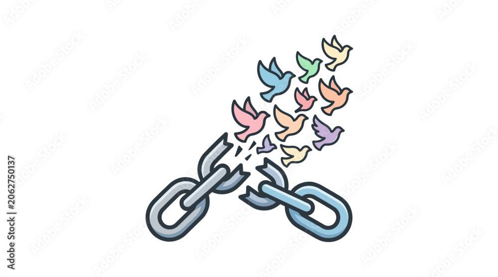 Naklejka premium Broken Chain and Flying Birds Symbolizing Freedom and Release