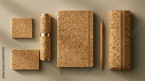 Eco-friendly cork stationery set with notebook, pen, and coasters, showcasing natural texture and sustainable design