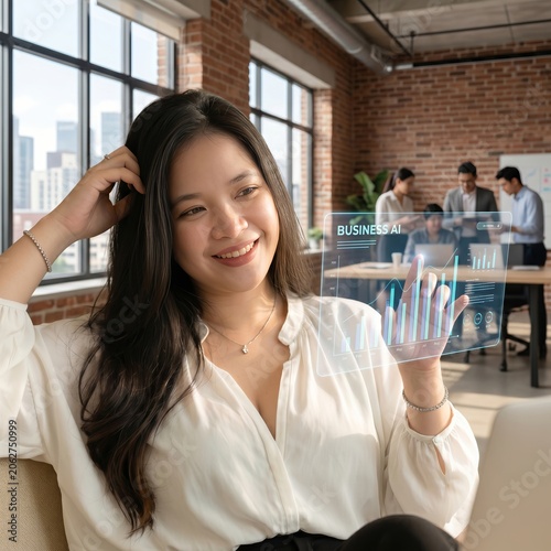 Young businesswoman smiling and touching glass panel in modern office