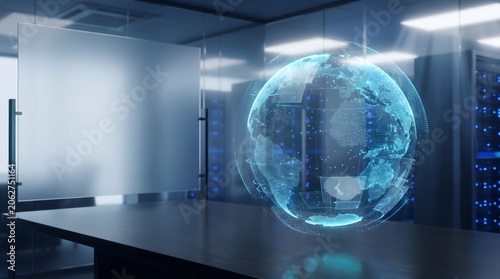 Digital globe hologram floating above a dark desk in a modern server room representing global data and connectivity