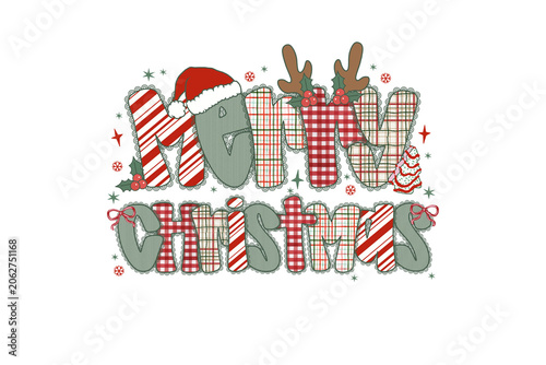 Plaid Merry Christmas with Reindeer Antlers and Santa Hat Sublimation Design