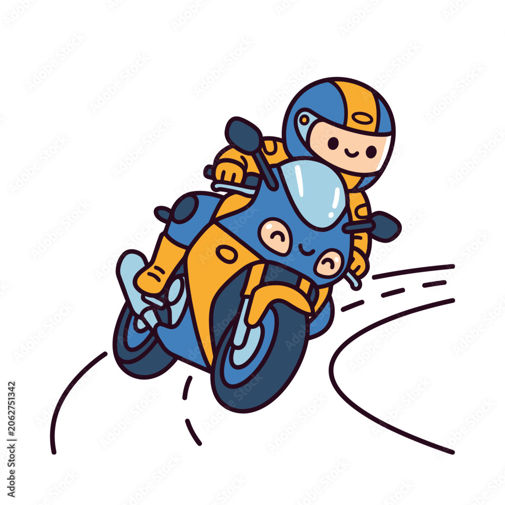 Obraz premium A cute cartoon character rides a blue and yellow motorcycle