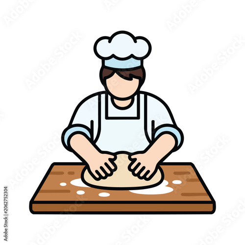 Connectivity a cartoon chef kneading dough on a wooden cutting board with flour isolated on white background