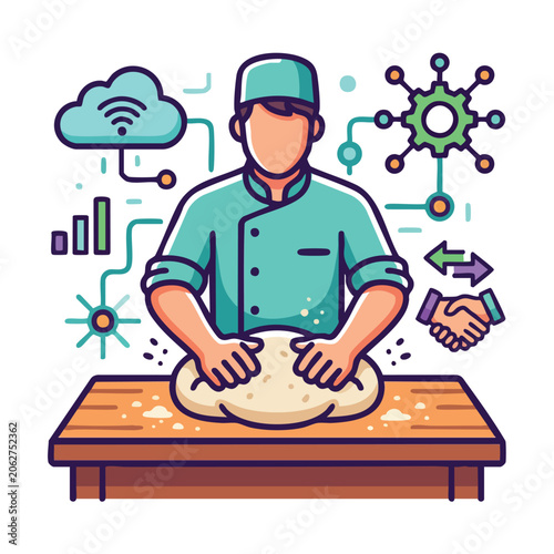 Connectivity a cartoon chef kneading dough on a wooden table with various colorful icons surrounding him isolated on white background
