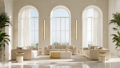 Spacious living room in a light beige and white color palette featuring large arched windows, comfortable sofas, and green plants